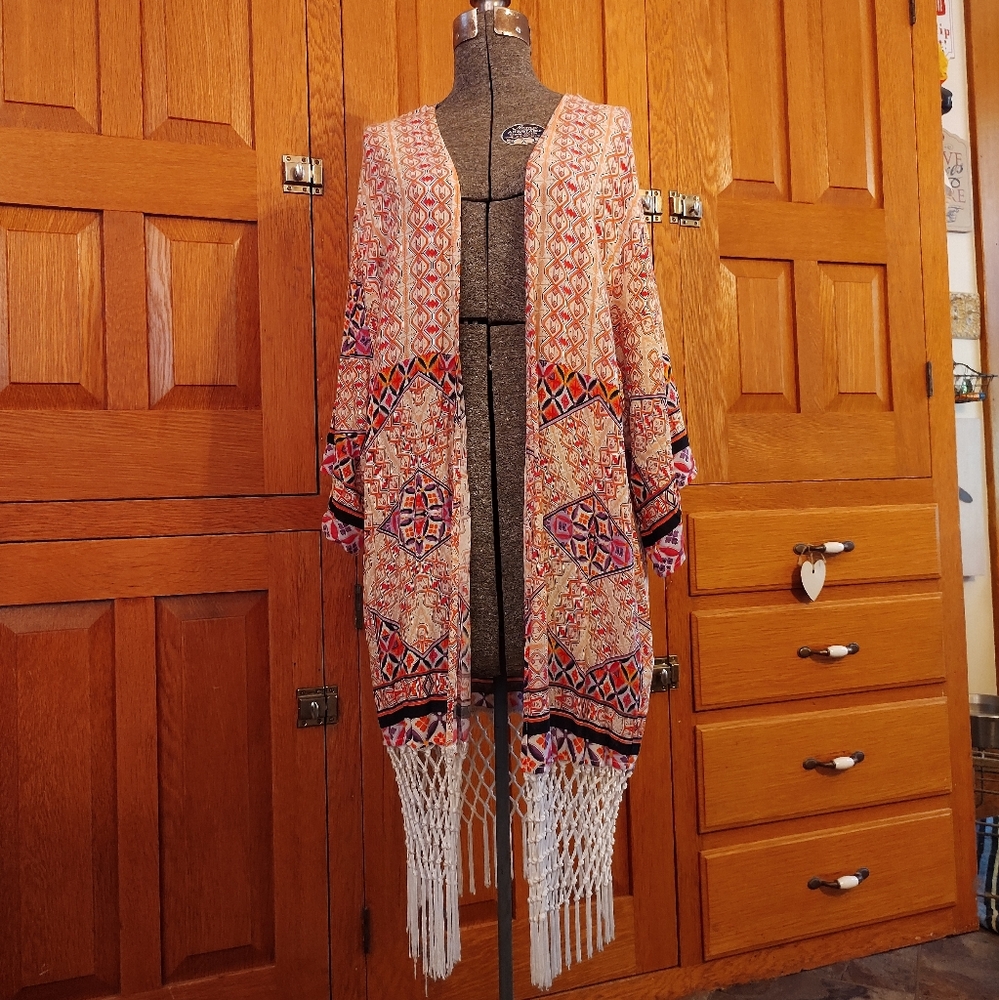 Millau pink, orange & purple macrame fringe open front kimono